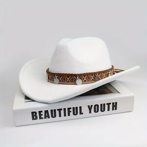 White Western Cowgirl Cowboy Hat‎ Men Women – Tribal Band Felt Wide Brim Rodeo